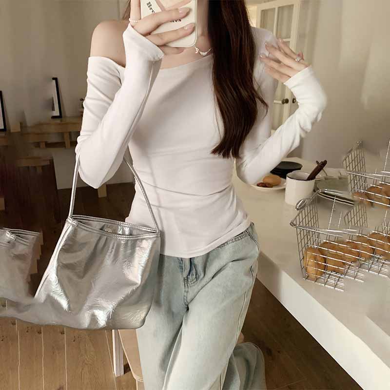 Off Shoulder Sexy Navy Blue Long Sleeve Tee Women Early Autumn Brightening Ruffle Waist Base Layer Top