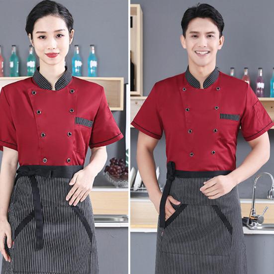 Stand Collar Short Sleeve Double Breasted Patch Pocket Splicing Color Chef Uniform Women Men Service Bakery Breathable Chef Shirt Work Clothing