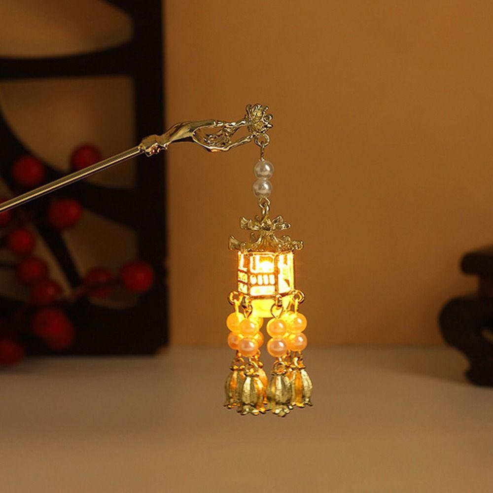 Китайский дворец Фонарь Шпилька для волос Золотой цвет Металлические палочки для волос Вилки со светом Женские украшения Ретро Цветок лотоса Кисточка Головные уборы