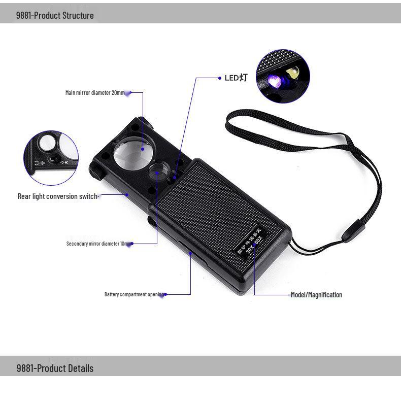 30-60x HD LED Mini Portable Magnifier for Jewelry, Jade, Calligraphy, Painting, Stamps, and Geological Inspection.