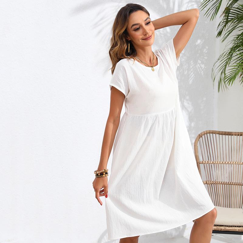 Fashion Summer Round Neck A-line Loose Dress Women Elegant Slim Fit Pockets Temperament Casual Dresses Woman Simple Vintage Slim Female Dress 26482