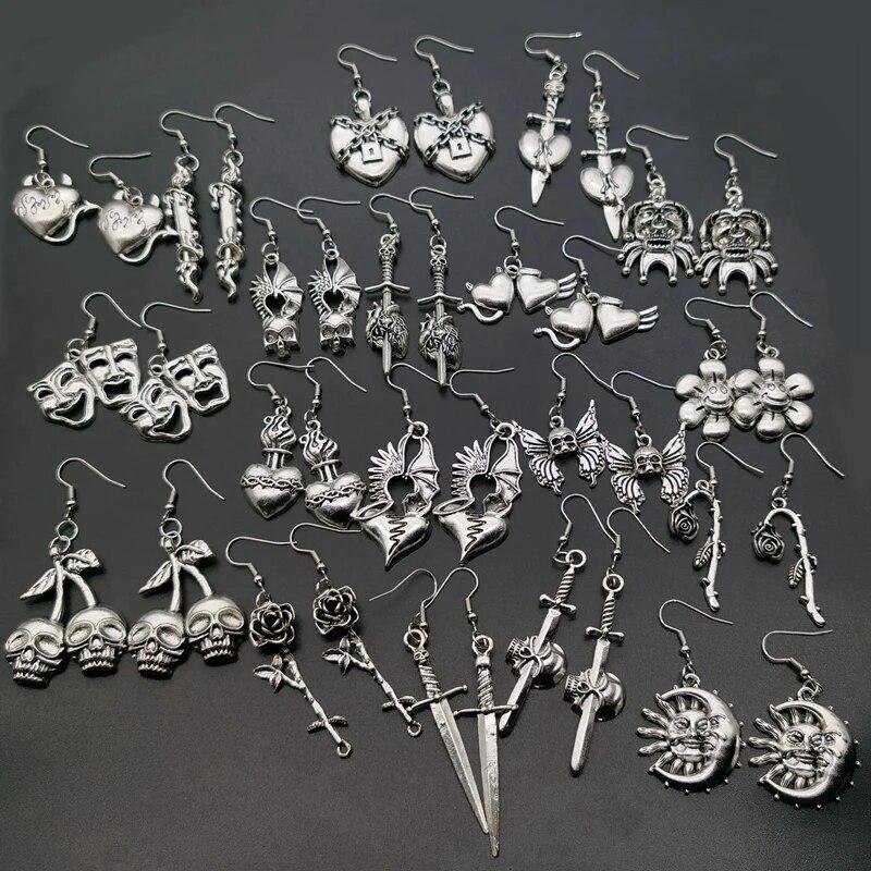 Металлические серьги-подвески в стиле панк-хип-хоп с бабочкой, черепом и цветком для мужчин и женщин, модные серьги в виде рок-креста, меча, сердца и пламени, ювелирные изделия