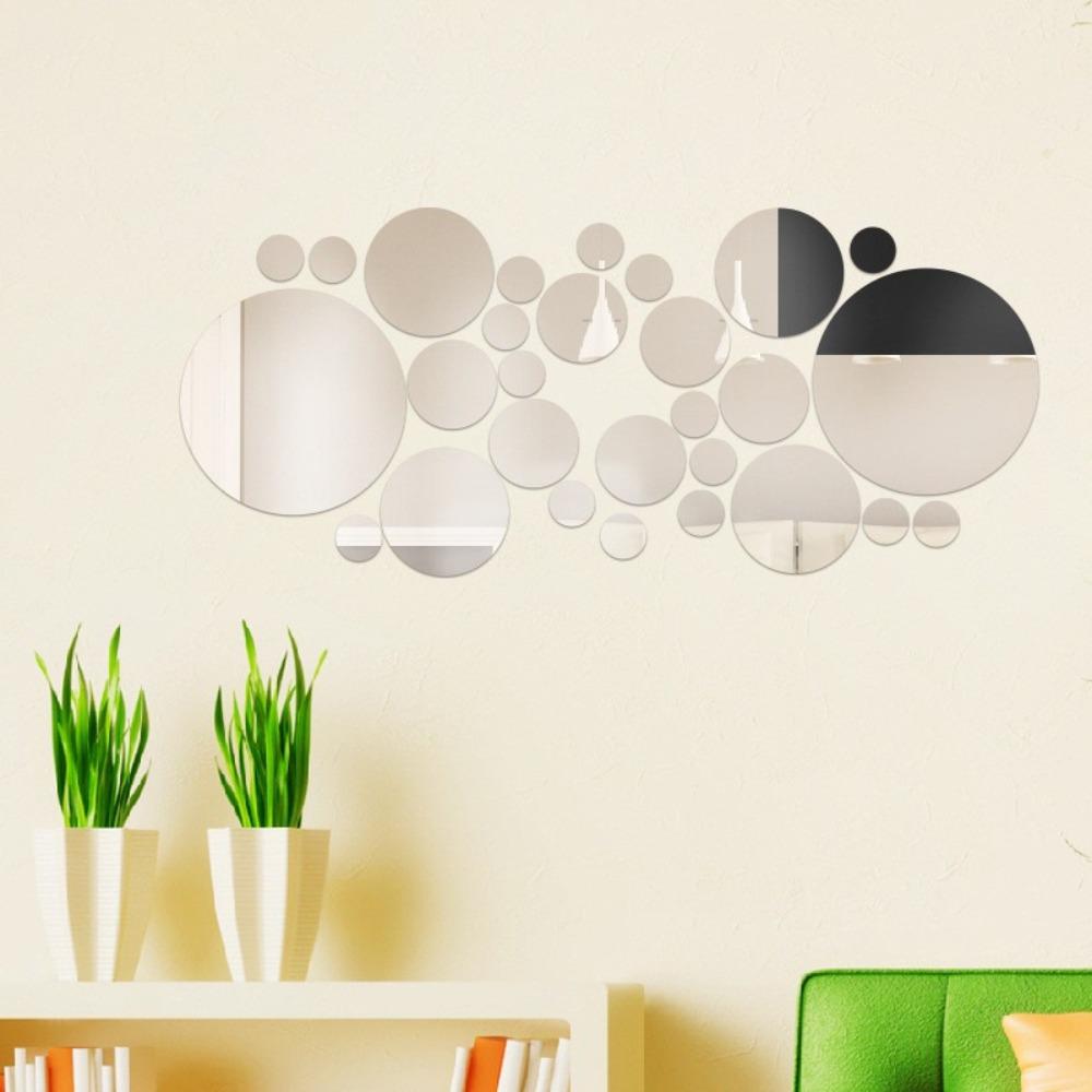 32Pcs Silver Mirror Decals Circle Home Background Decoration 3D Mirror Wall Sticker Living Room