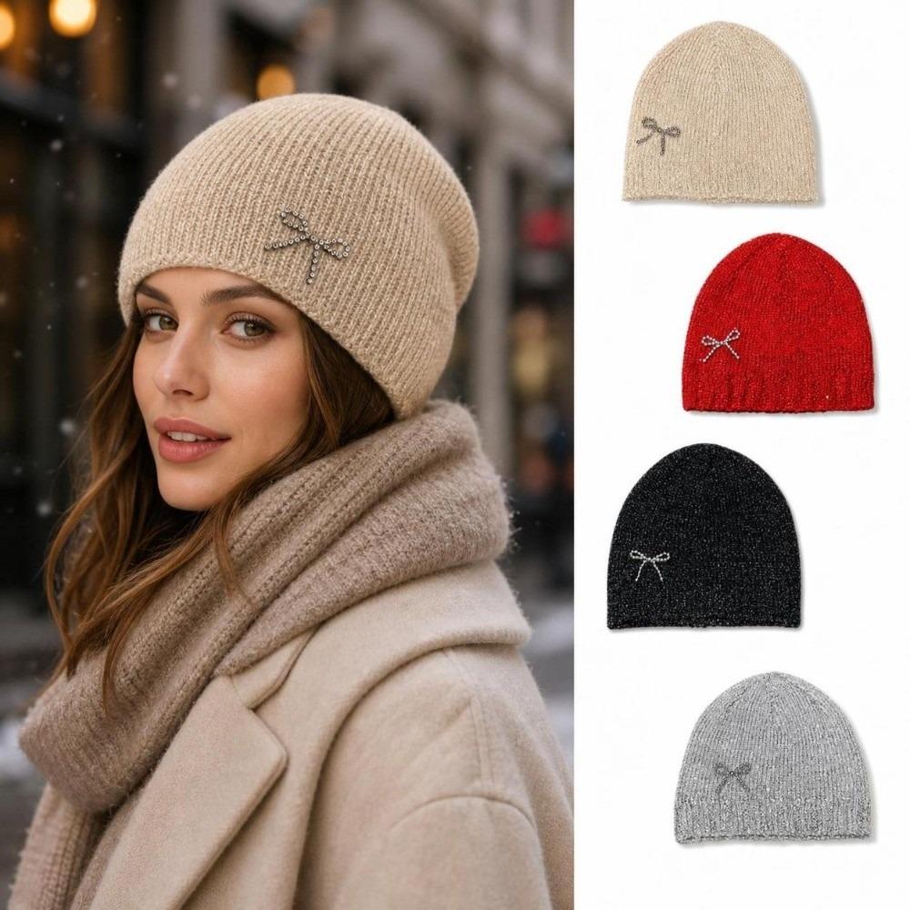 Rhinestone Bow Decor Skull Cap Hat Lightweight Warm Lining Sparkly Beanie Hat Daily Wear