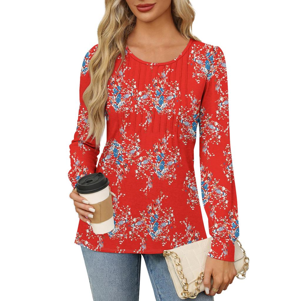 Рубашки с длинным рукавом для женщин, футболки с милым принтом и графикой, блузки, нарядные повседневные блузки, плиссированные топы-туники с овальным вырезом