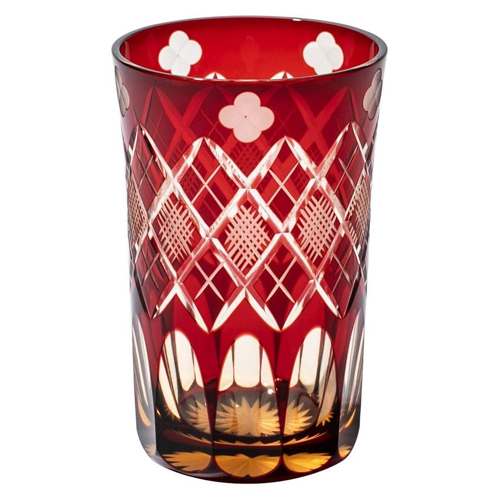 Kobo Edo Kiriko Yotsuba with Yarai Fish Crest Tumbler TB94419AR In Wooden Box Made In Japan [Taimuro Official] (amber Red)