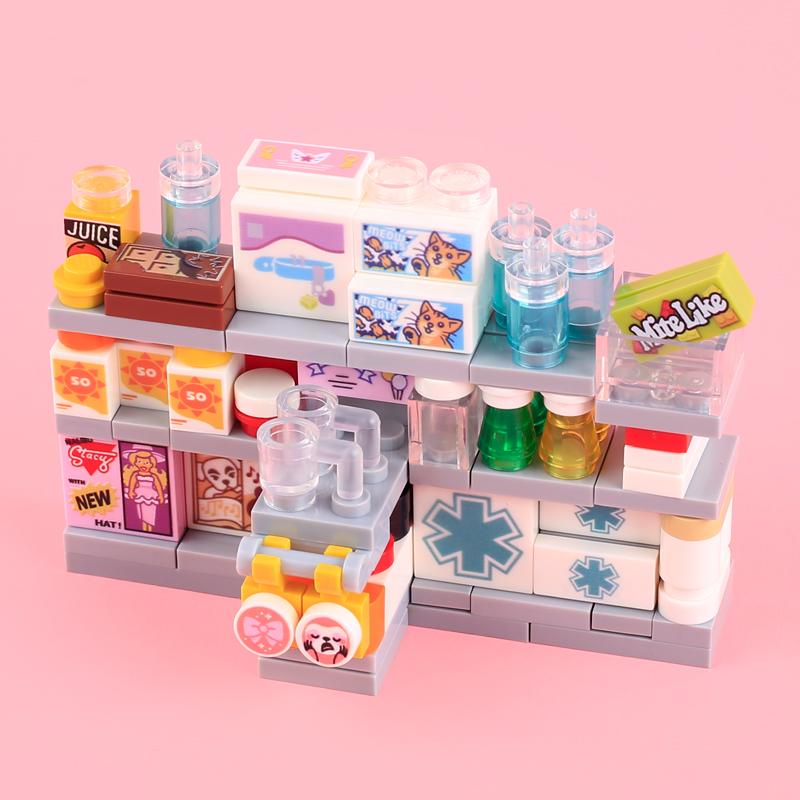 City Street View Furniture Building Blocks Kitchen Food Hotel Television Gas Station Bar Counter Pizza Oven Trash Can Bricks Toy