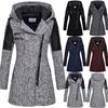 Women Mid-length Hooded Loose Oblique Zipper Woolen Trench Coat Thick Cotton Jacket