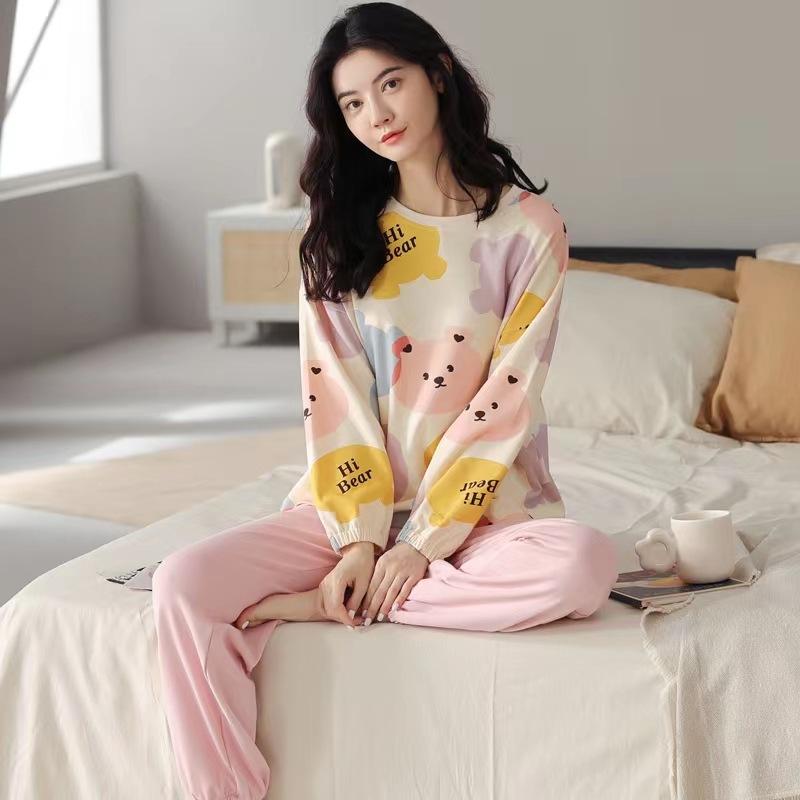 Soft and Comfy Sleepwear Women Printing Long Sleeve Top Loose Pants Sleeping Suits