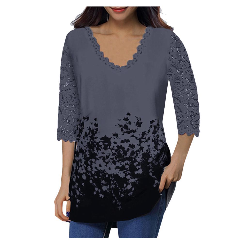 Women's Lace 3/4 Sleeve V Neck T Shirt Ladies Floral Blouse Tunic Tops Plus Size