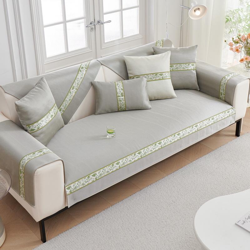 Sofa Cushion Summer Ice Silk Non-slip Sofa Cover Solid Color Embroidery Splicing Couch Covers Cooling Cool Feeling Sofa Cushion