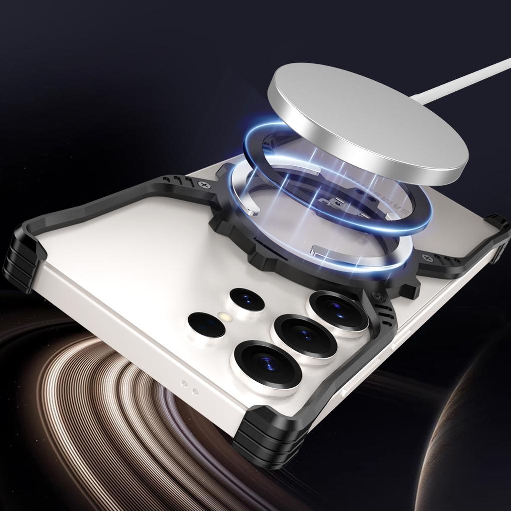 For Samsung Galaxy S23 Ultra Case Luminous Magnetic Kickstand Aluminum Alloy+PC Bumper Phone Cover Heat Dissipation