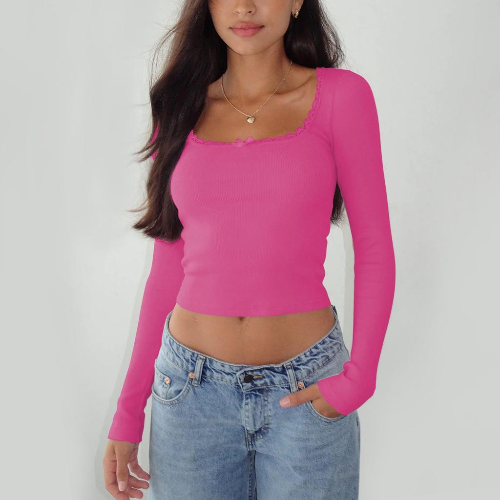 Women's Long Sleeve Lace Square Neck T-Shirt Slim Fit Knitted Bottoming Top