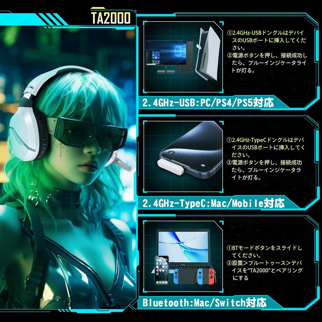 Беспроводная игровая гарнитура WolfLawS с 3-сторонним подключением, беспроводная гарнитура с микрофоном, 50-миллиметровый драйвер, глубокое усиление басов, шумоподавление в стереосистеме, низкая задержка