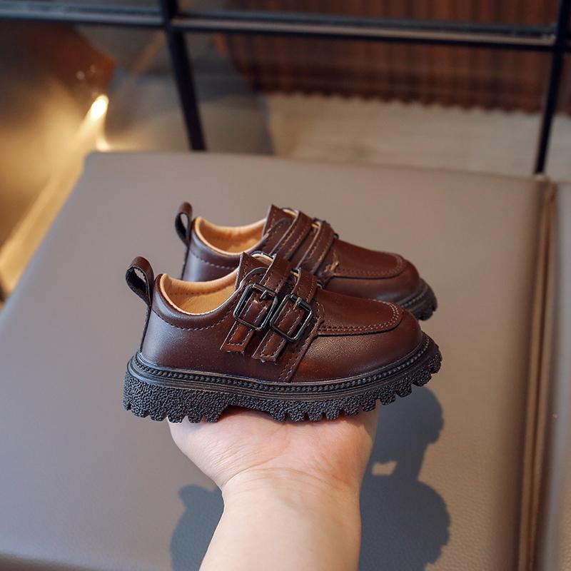 Мокасины для мальчиков, британский стиль 2024, детские коричневые туфли с двойной пряжкой и круглым носком, модная детская кожаная обувь для девочек, школьная обувь