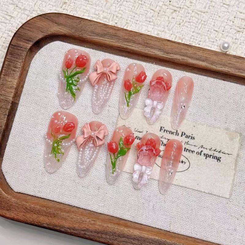 Handcrafted 3D Floral Press-On Nails With Gradient Pink Tulip Design Ice-Transparent Long Style Women