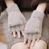 Autumn Winter Warm Gloves Flip Cover Fingerless Mittens Soft Girl Cute Cartoon Half-Finger Knitted Velvet Students Gloves