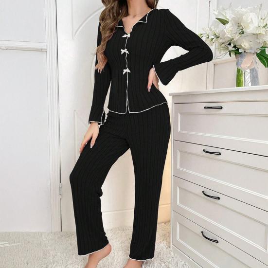 Женский пижамный комплект из 2 предметов: топ с длинным рукавом и бантом и длинные брюки. Комплект для сна, повседневная осенняя домашняя одежда.