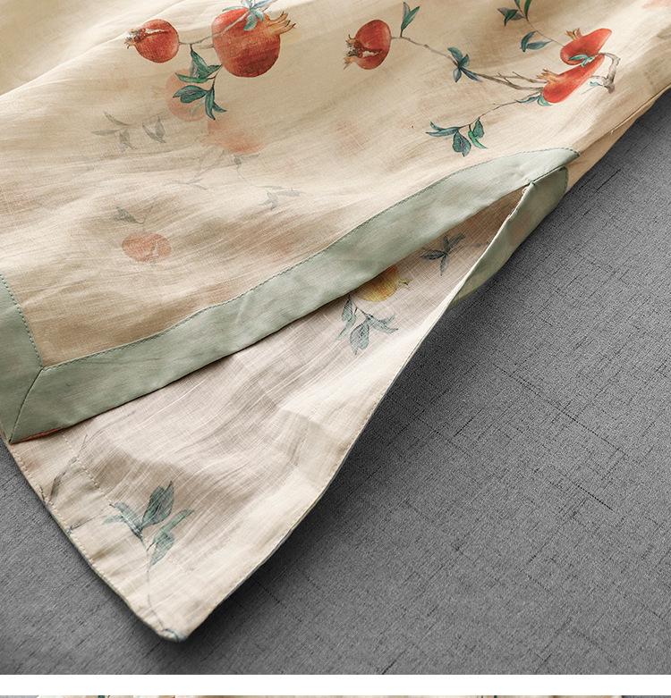 Blue Pomegranate Print Cotton Linen Tea Dress with Frog Buttons