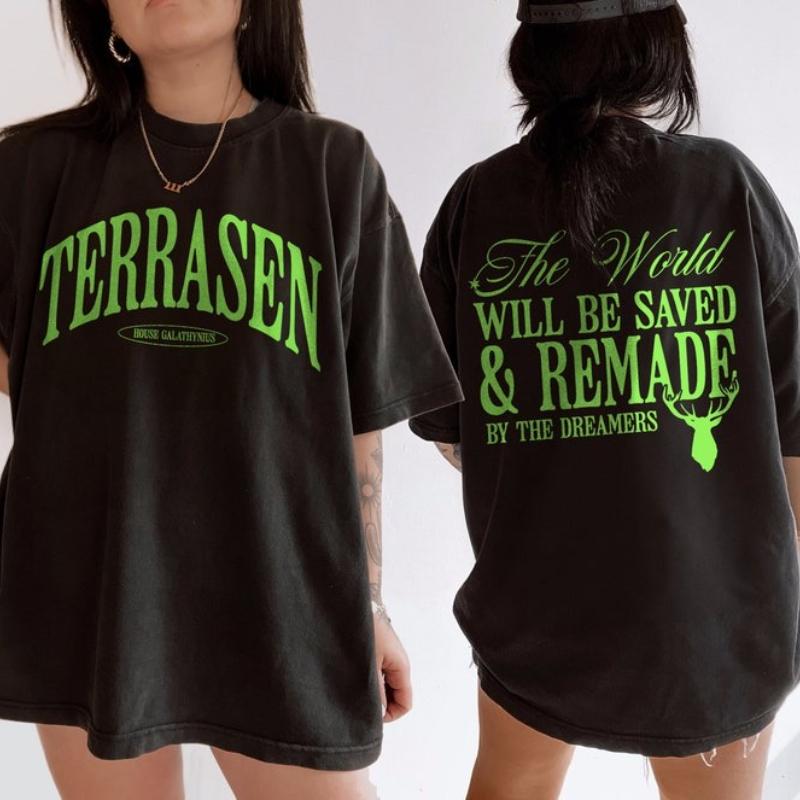 Футболка Terrasen с цитатой из «Трона из стекла»: Аэлин, Галатиний, Роуэн, Манон. Лицензированная продукция вселенной Сары Дж. Маас. Книжные хлопковые футболки.