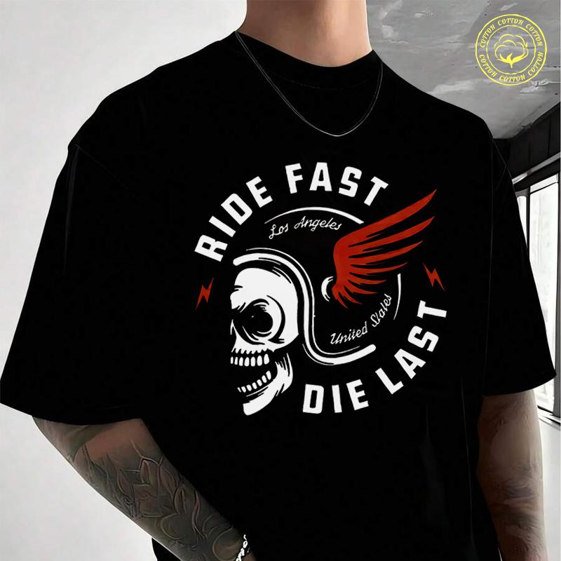 Skull Letter Print Motorcycle Men's Cotton T-Shirt Moto Casual O-neck Short Sleeve Summer Stree