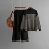 Fall Winter Lazy Wind Loose High Collar Pulllover Sweater Suit Women's Stripe Long Sleeve Knit Wide Leg Pants Two Piece Set