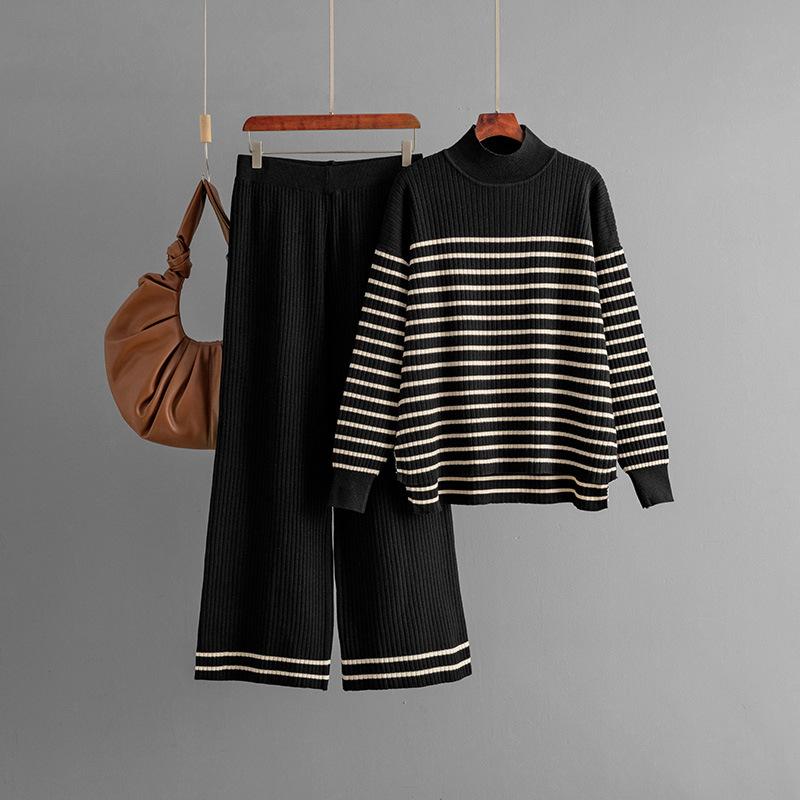 Fall Winter Lazy Wind Loose High Collar Pulllover Sweater Suit Women's Stripe Long Sleeve Knit Wide Leg Pants Two Piece Set