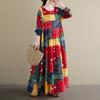 2025 Women Plus Size Spring Long Dress Loose Basic Printing Vintage Casual Floral Oversize Long Sleeve Maxi