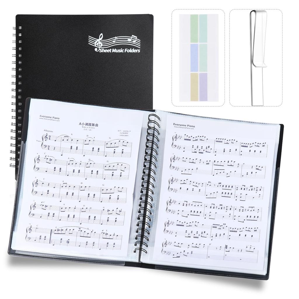 Musfunny Music Score File, Writable, A4 Size: 2-sided, 40 sheets80 pages, Anti-reflective - 180-degree flat opening, ring-bound, stable on music