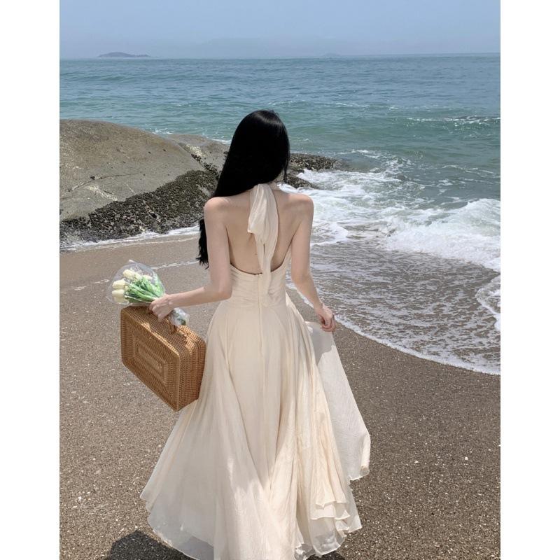 Women's Summer Sleeveless Hanging Neck Gentle Temperament Waist Long Dresses