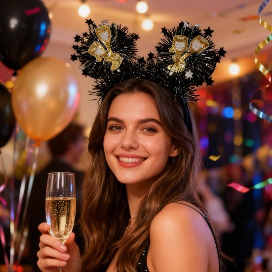 2026 New Year Headband with "Happy New Year" Letters Glitter Tinsel Hairband with Wine Glass Hat Party Headwear for Countdown Celebration