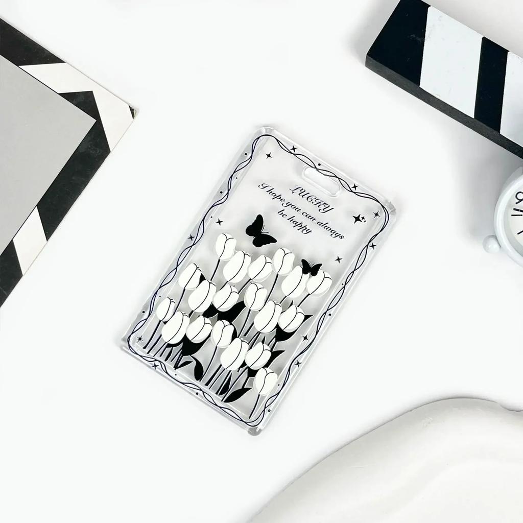 Чехол для карт с черным цветком, прозрачный держатель для студенческой карты, чехол для карты контроля доступа, чехол для карты на пружине, держатель для удостоверения личности