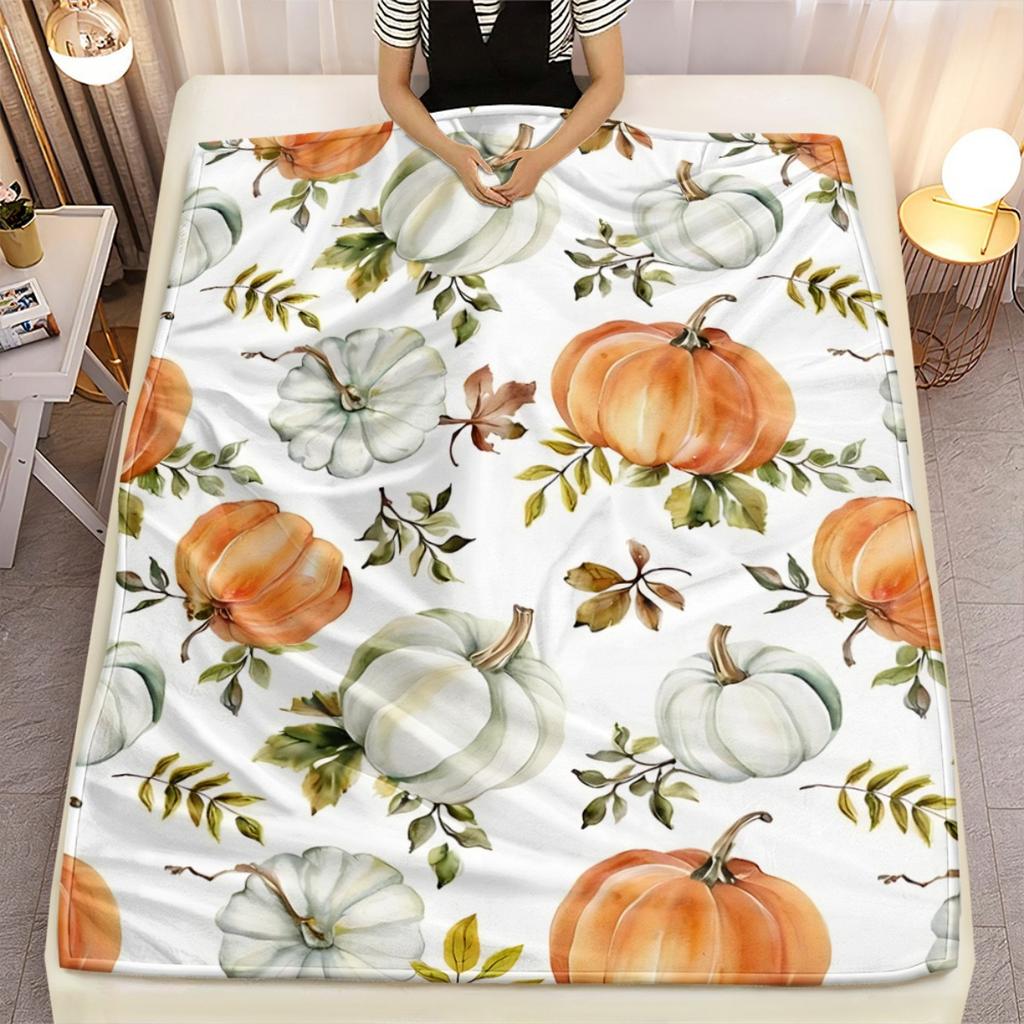 Soft Flannel Blanket Suitable for All-Season Cozy Bedspread with Autumn Pumpkin Floral Bedspread in Beige, Orange, Green, White, Brown - Thick Warm Co