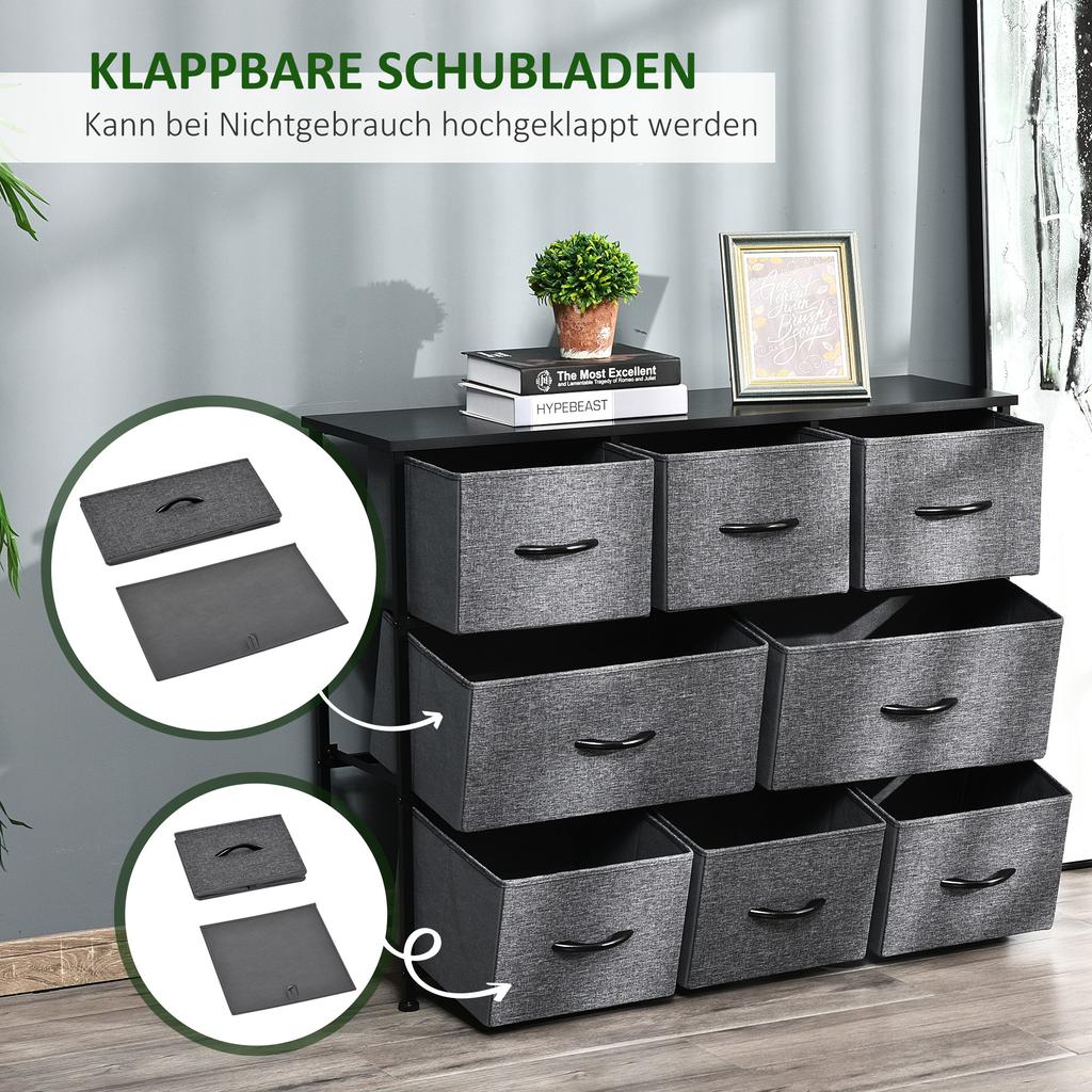 Chest of Drawers with 8 Foldable Drawers, 3-Tier Fabric Bedroom Dresser, Clothes Storage Unit for Bedroom Living Room, Dark Grey