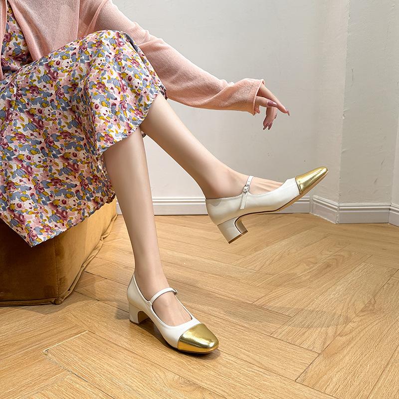 Новая обувь на высоком каблуке во французском стиле для женщин, туфли на толстом каблуке, комбинированные туфли на высоком каблуке, женские каблуки