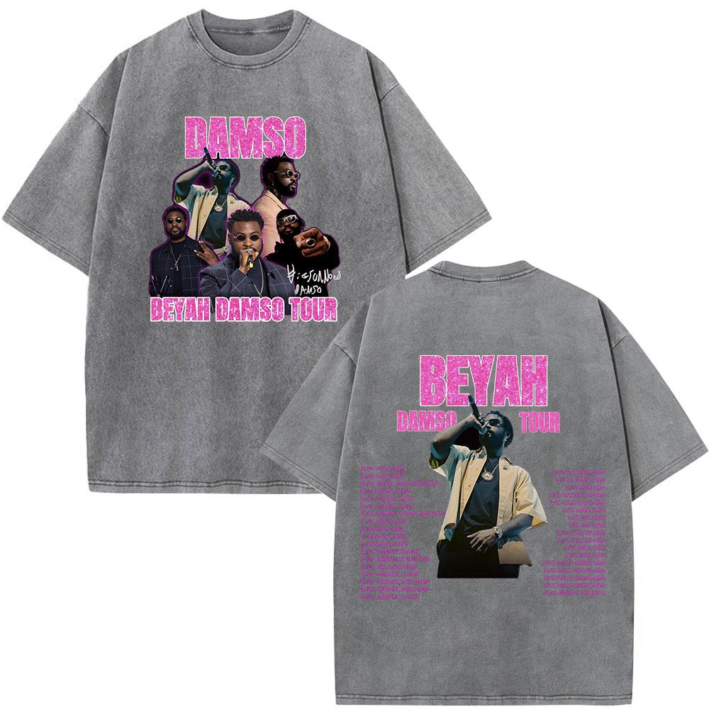 Vintage Washed Rapper Damso Beyah Tour 2026 Tshirt Fashion Hip Hop Oversized Short Sleeve T Shirts Mens Women Casual Tshirts