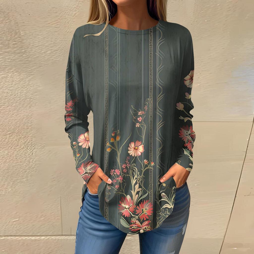 Tee Shirts For Women Fall Casual Long Sleeve Shirts Sweatshirt Retro Printing Top Pullover