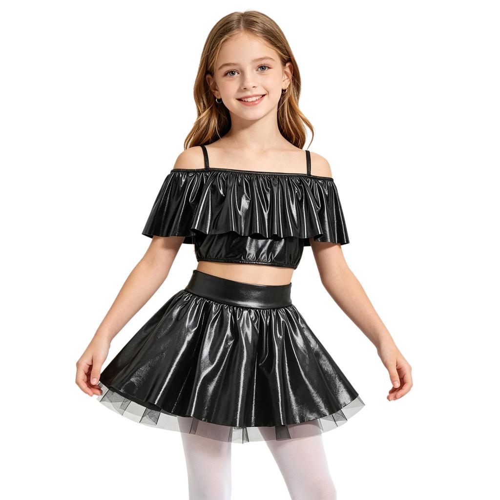 Girls Dancewear Off Shoulder Sleeveless Metallic Ruffle Crop Top and Shiny Tutu Skirt for Stage Competition Party Wear