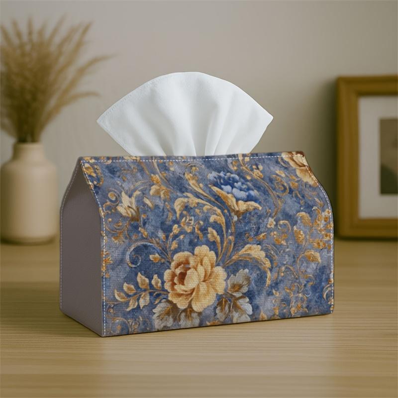 1pc Tissue Box Holder with Vintage Baroque Floral Design-Blue Golden Rose Textured Elegant,Durable Polyester,Ideal for Kitchen,Living Room,Bedroom,Bat