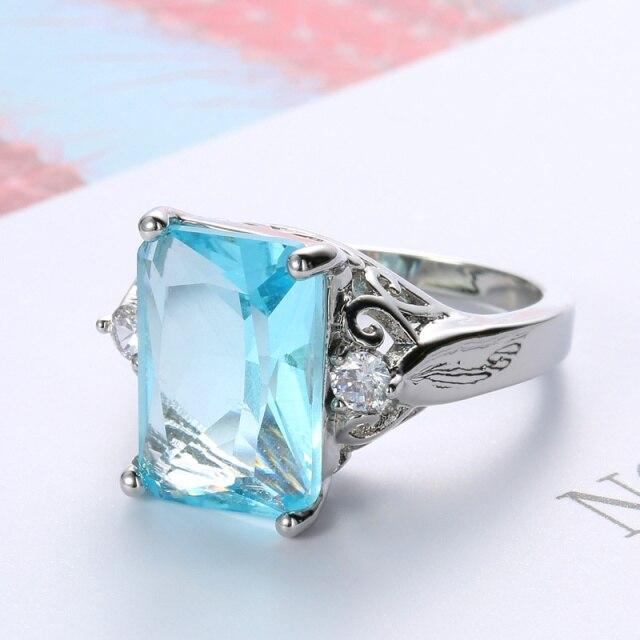 925 Sterling Silver Rectangle Zircon Rings For Women Simple Vintage Blue Gemstone Wedding Anniversary Fine Jewelry