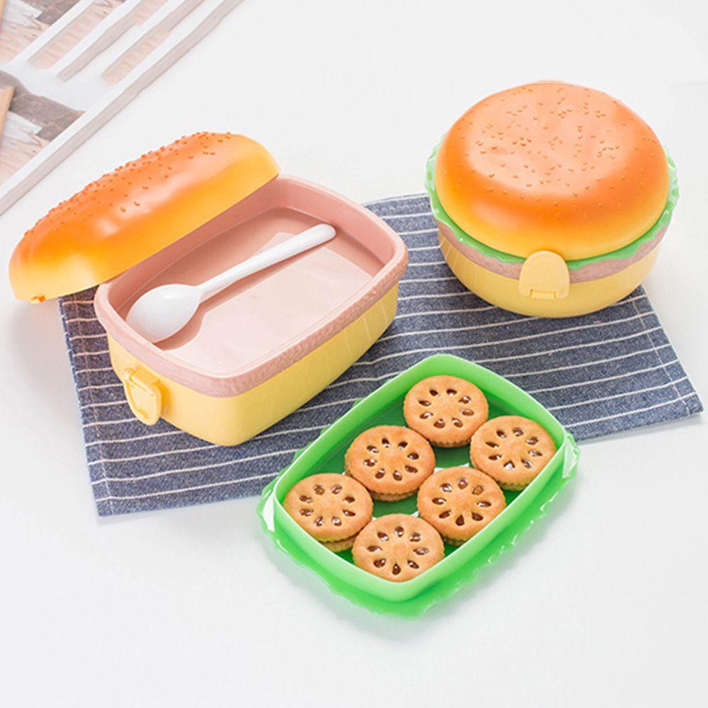 Cute Hamburger Fork Food Container Lunch Box Double Tier Bento Lunchbox