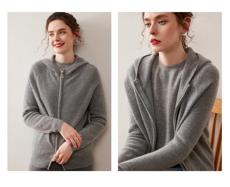 Women's Hooded Double Zipper Cashmere Sweater - Autumn/Winter Solid Color Knit Cardigan, Long Sleeve Casual Commute Style