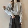 Korean Style Off-Shoulder Slant Neck Long Sleeve Sweatshirt for Women - Spring/Autumn Loose Fit, Short, Thin Top