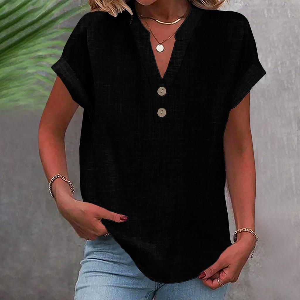 Women's Fashion Casual Solid Colour V-Neck Short Sleeve Button Down Shirt T-Shirt Top