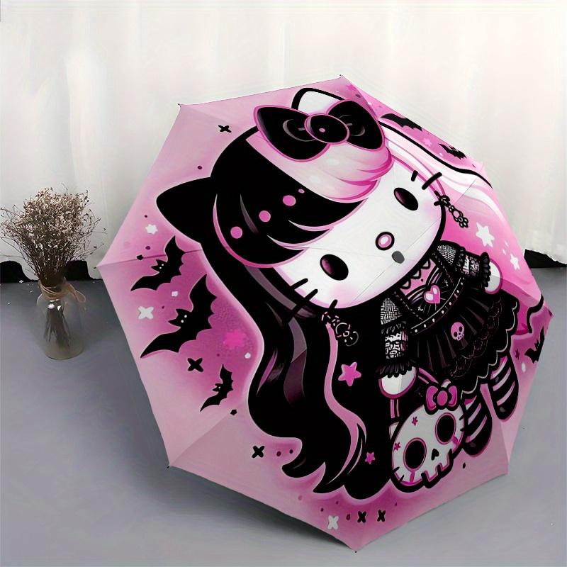 Gothic Hello Kitty,Pink Bat Automatic Folding Umbrella-Simple 8-Rib Design, Bright Cartoon Pattern, Durable Iron Frame, Suitable For Travel,