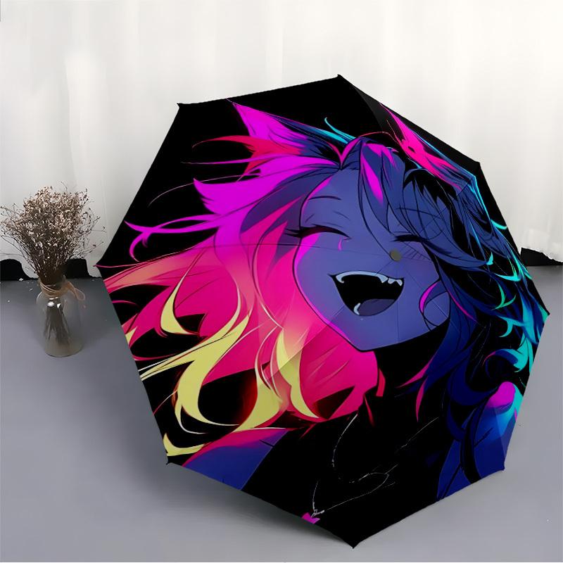 1pc Neon Wolf Vibrant Ears Automatic Open/Close Umbrella 8-Rib Strong Frame, Portable Travel Umbrella for Women & Men, 062