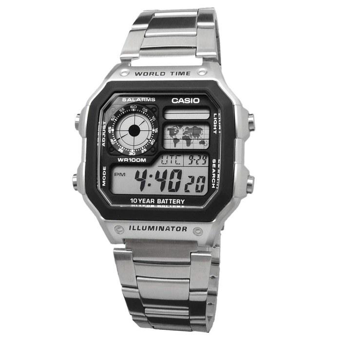 Цифровые часы Casio World Time AE-1200WHD-1AV (Серебряный металлический ремешок)
