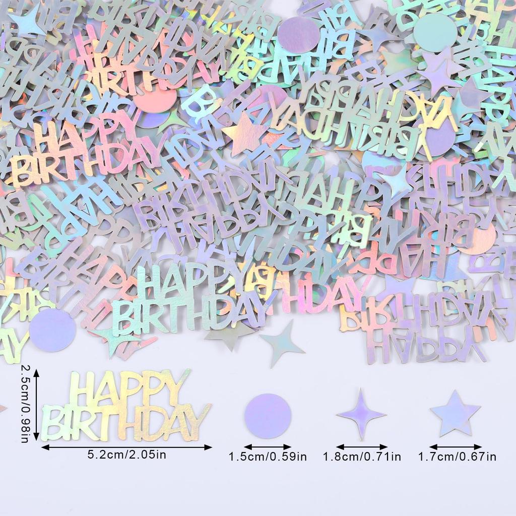 BOXOB 280pcs Iridescent Confetti - Happy Birthday, Circle, Star Shapes - Paper Material - Perfect for Birthday Parties & DIY Crafts