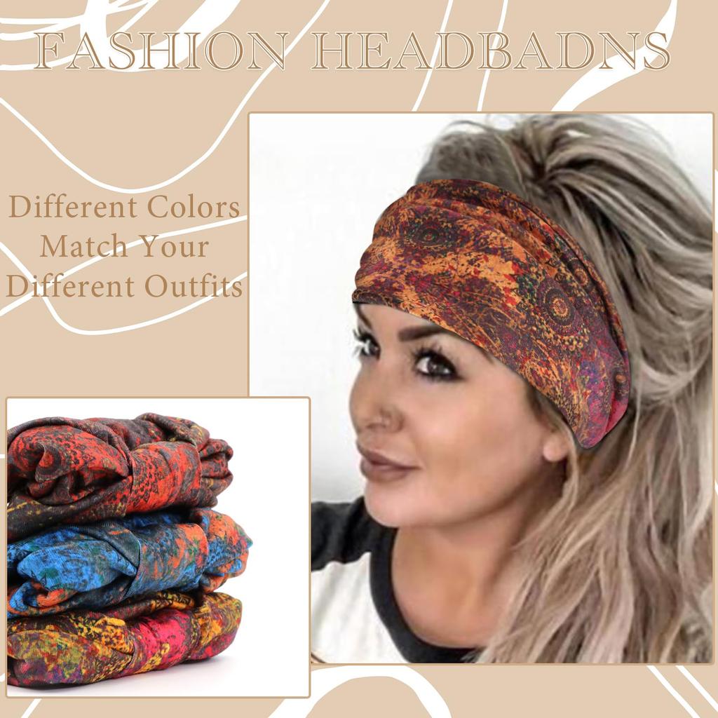 Boho Headbands for Women Cotton Wide Headwrap Non Slip Stretch Hairbands Workout Yoga Head Bands Bandage Running Bandana Turban Hair Accessories