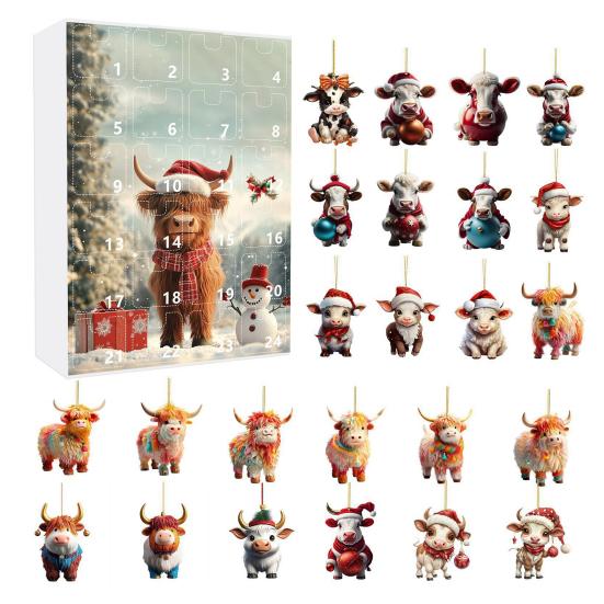 Адвент-календарь с изображением коровы из Хайленда, рождественское подвесное украшение, акриловый мультяшный адвент-календарь с изображением коровы из Хайленда для украшения каминной полки на дереве